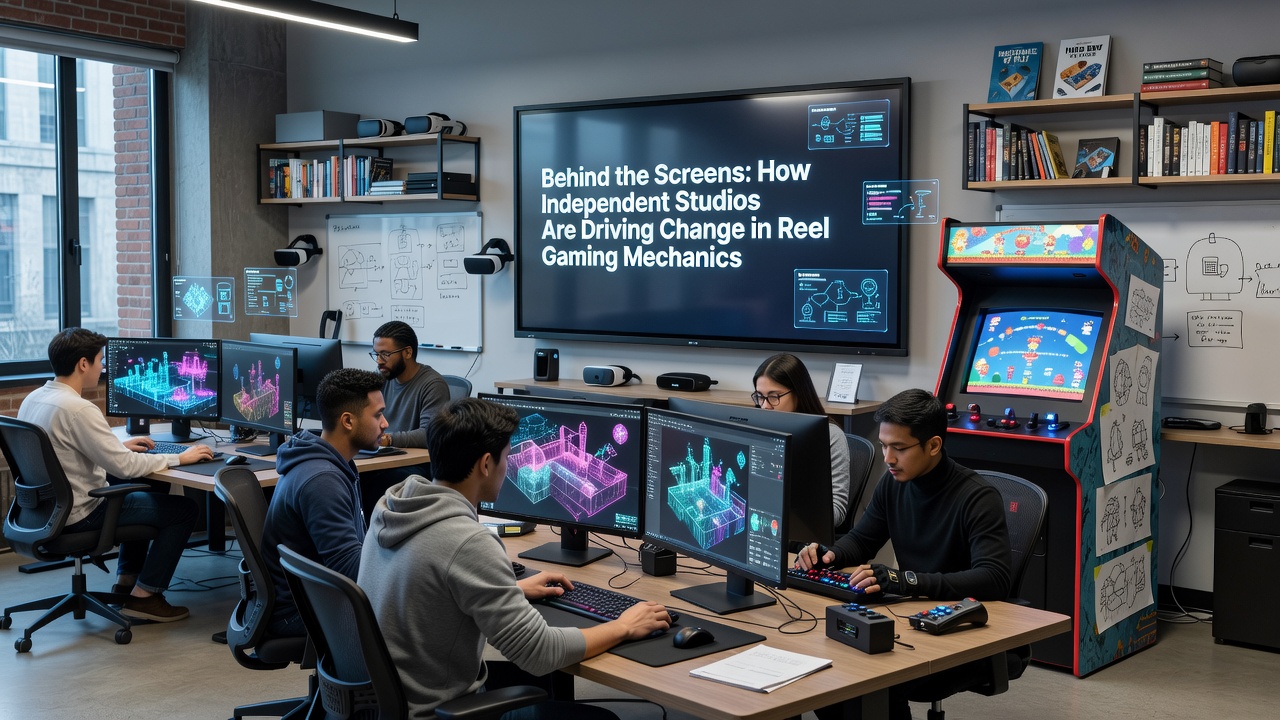 Independent game developers collaborating on new reel mechanics in a modern studio setting