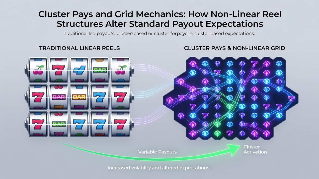 Comparison diagram showing traditional paylines versus cluster formation on expanding grid slots