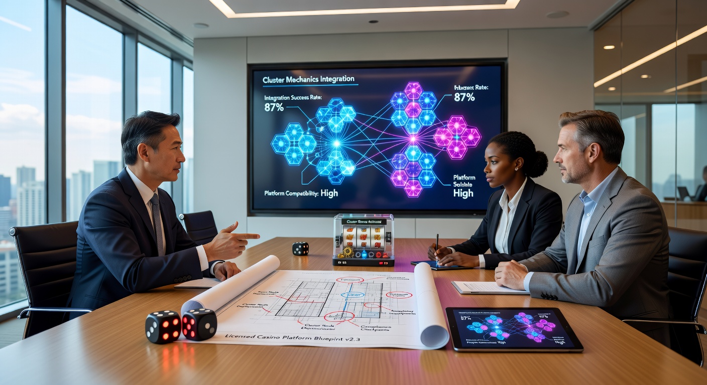 Team of developers reviewing cluster mechanics integration on casino platform dashboards