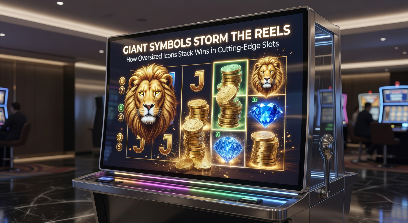 Close-up of stacked giant symbols filling a slot grid, with glowing multipliers and exploding win lines