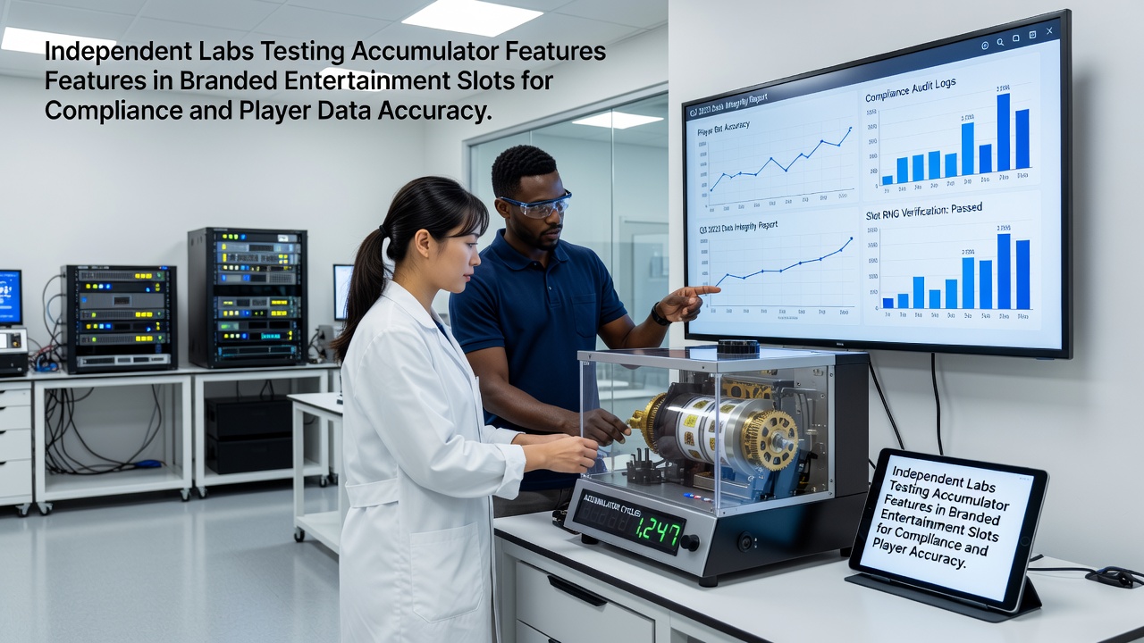 Independent lab technicians reviewing accumulator data logs from branded entertainment slot machines during compliance testing
