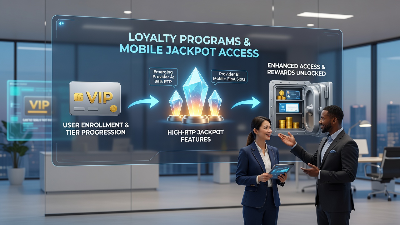 Loyalty program dashboard on a mobile device highlighting tier benefits and jackpot access levels