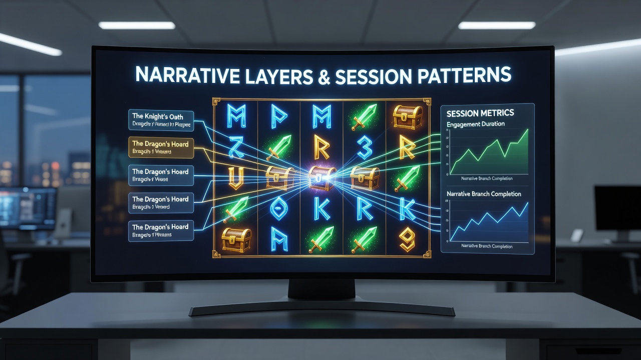 Slot engine interface displaying layered narrative elements and character progression tracking