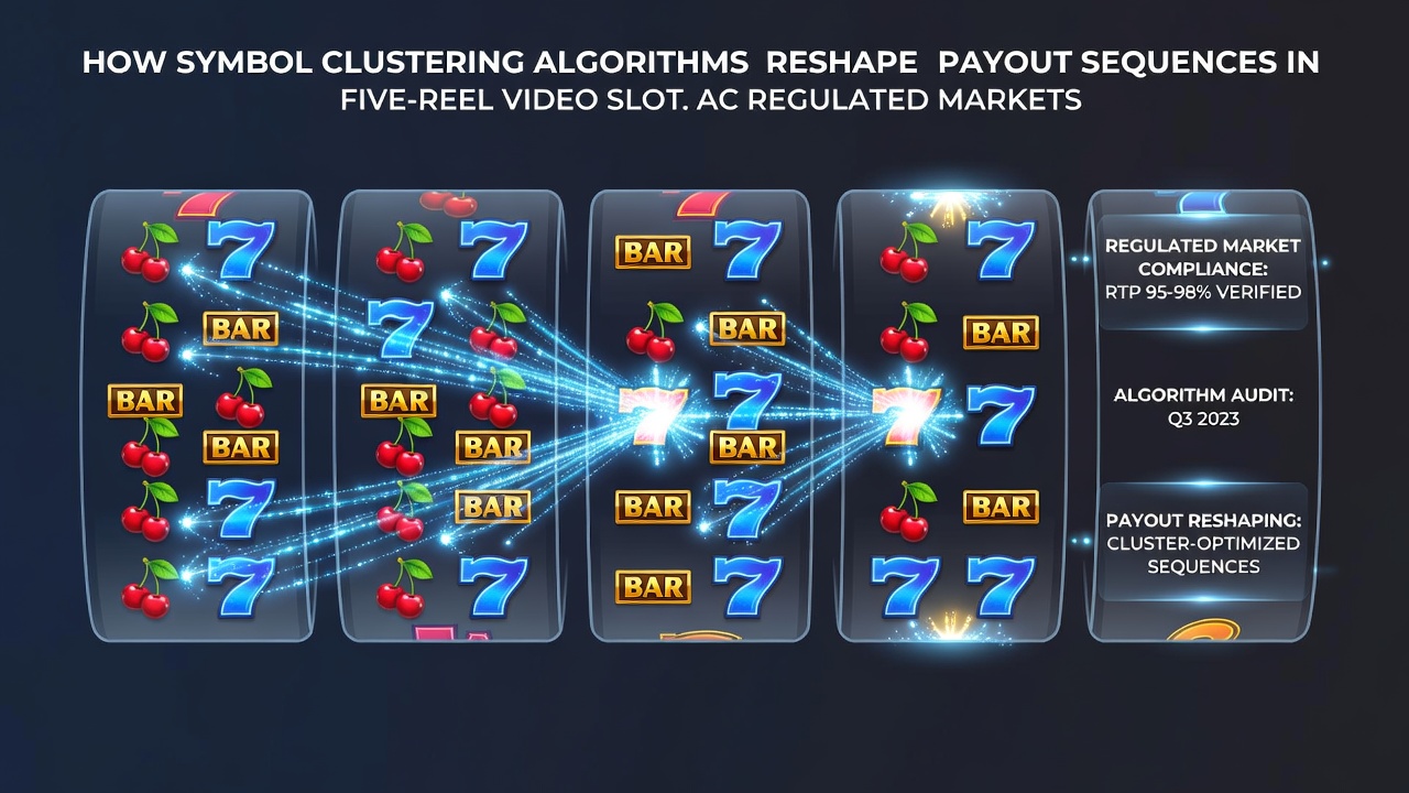 Diagram illustrating symbol clustering algorithms in five-reel video slots and their impact on payout sequences