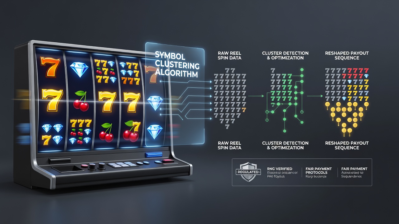 Screenshot of five-reel slot interface showing clustered symbols triggering cascading payouts