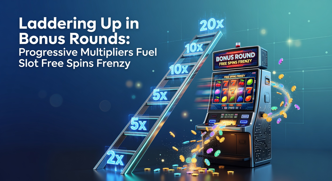 Vibrant slot reels displaying a glowing multiplier ladder climbing during a free spins bonus round, with cascading symbols and escalating win potential