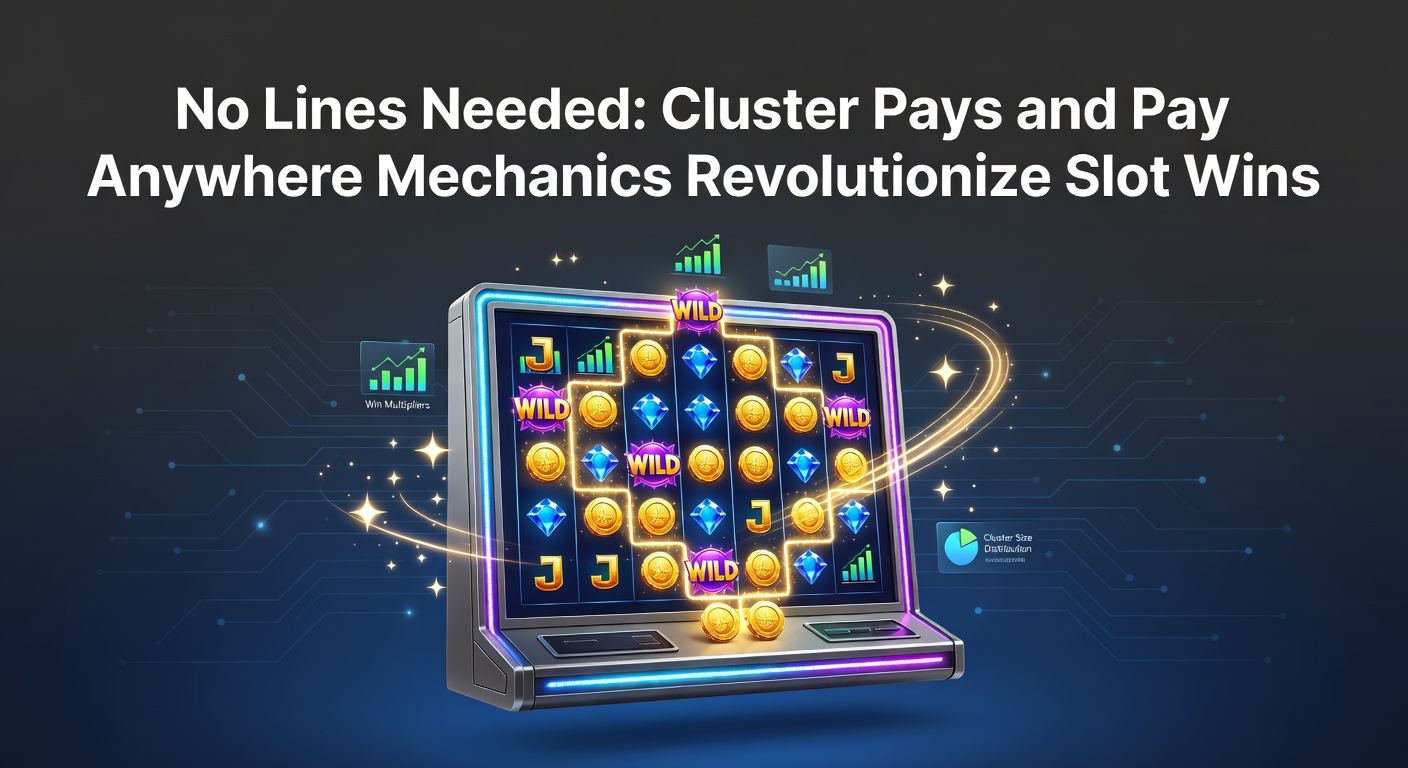Vibrant slot screen showing colorful symbol clusters forming wins without traditional paylines, highlighting cluster pays action