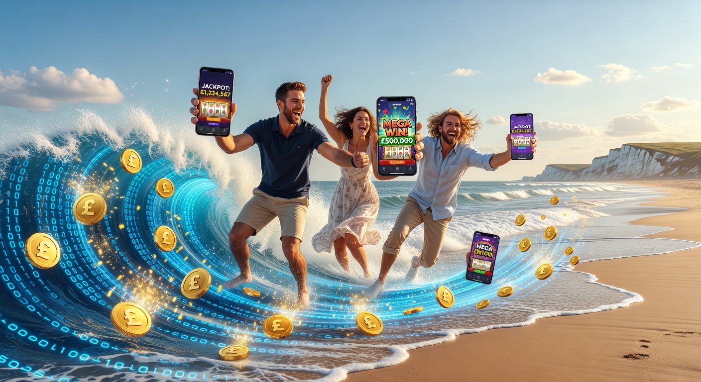 UK player celebrating a mobile jackpot win on a casino app, with jackpot explosion animation and confetti effects on smartphone