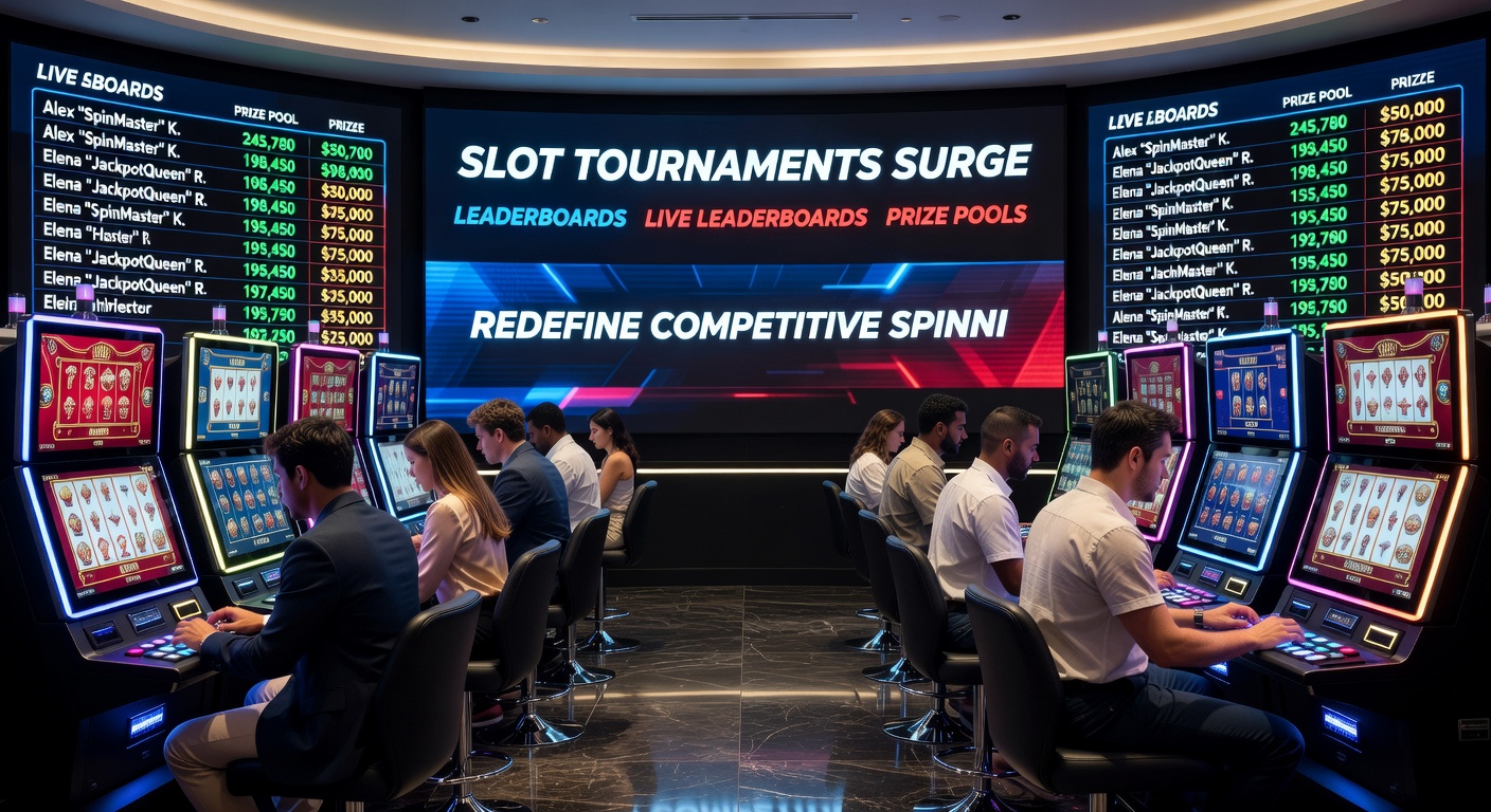 Players huddled around a vibrant live leaderboard screen at a bustling casino, eyes locked on shifting ranks and swelling prize pools during an intense slot showdown
