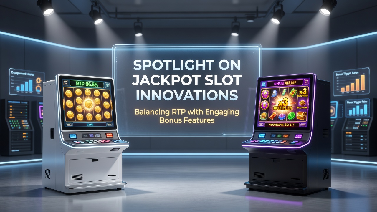 Jackpot slot machine interface displaying RTP percentages alongside animated bonus feature icons and multiplier indicators
