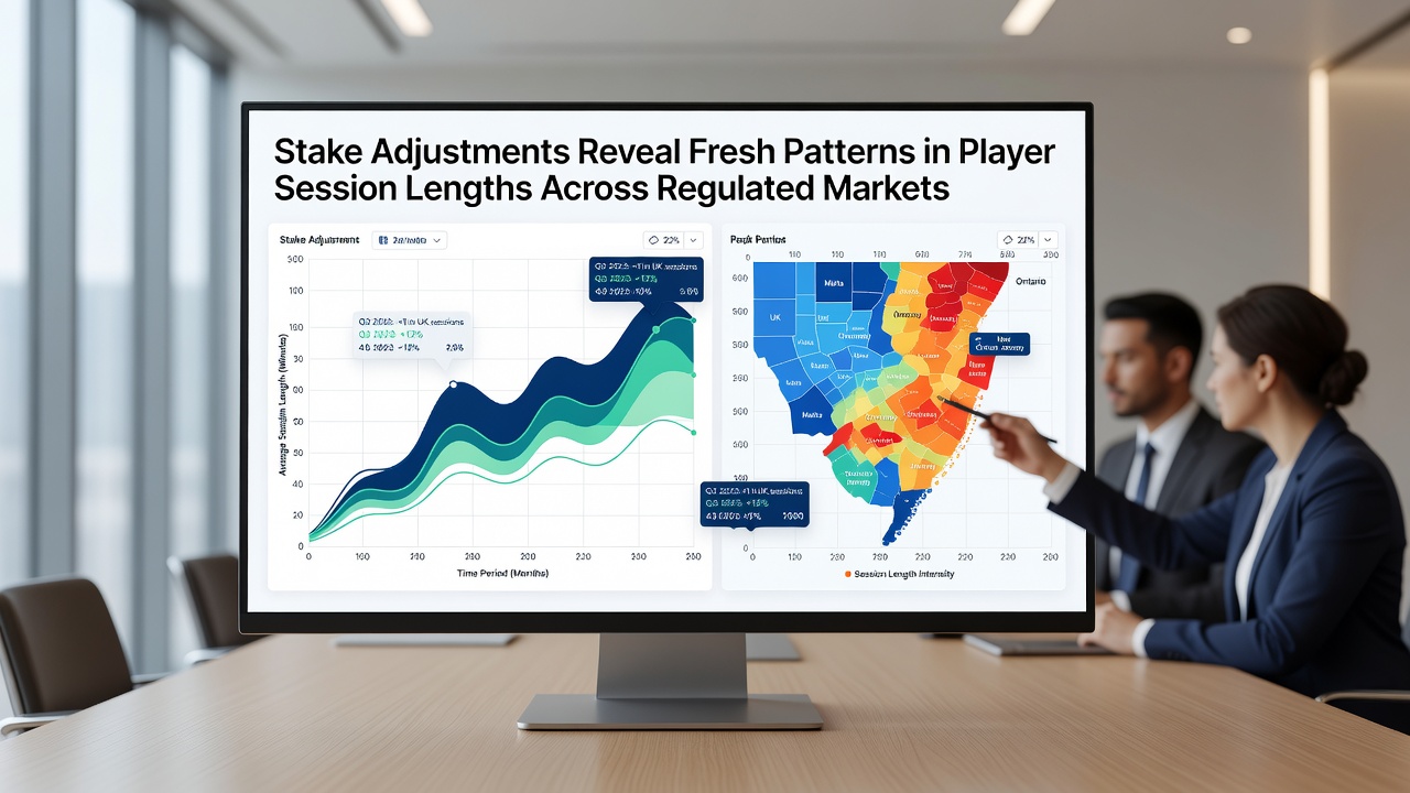 Infographic illustrating session length distributions before and after stake adjustments across different regulated markets