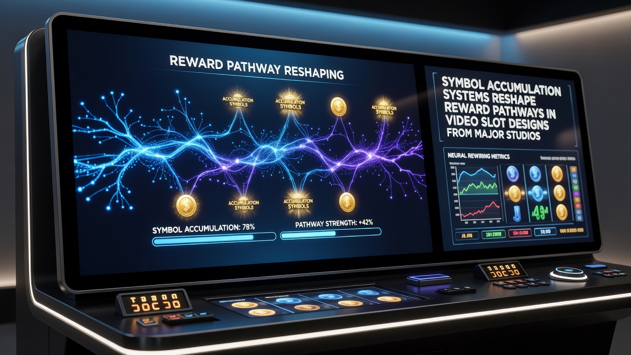 Close-up of reward pathway visualization in a video slot where accumulated symbols activate multiplier chains and bonus sequences