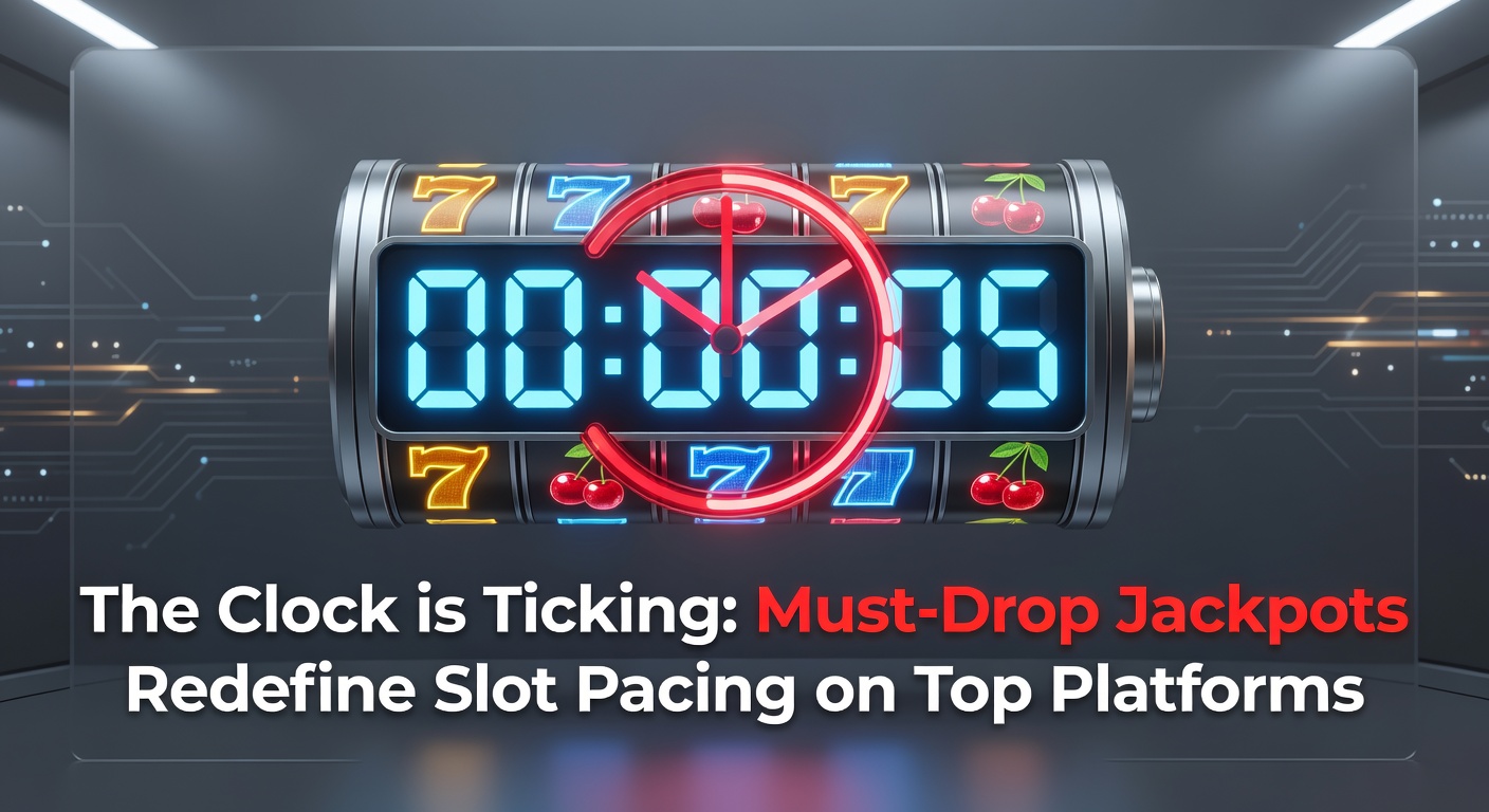 A digital slot machine screen displaying a must-drop jackpot timer counting down urgently, with coins stacking up and lights flashing