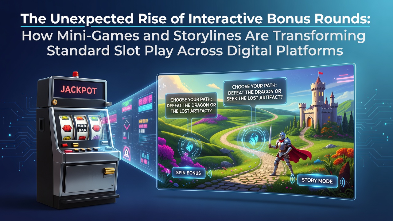 Digital slot interface displaying an interactive mini-game bonus round with narrative elements and player choices