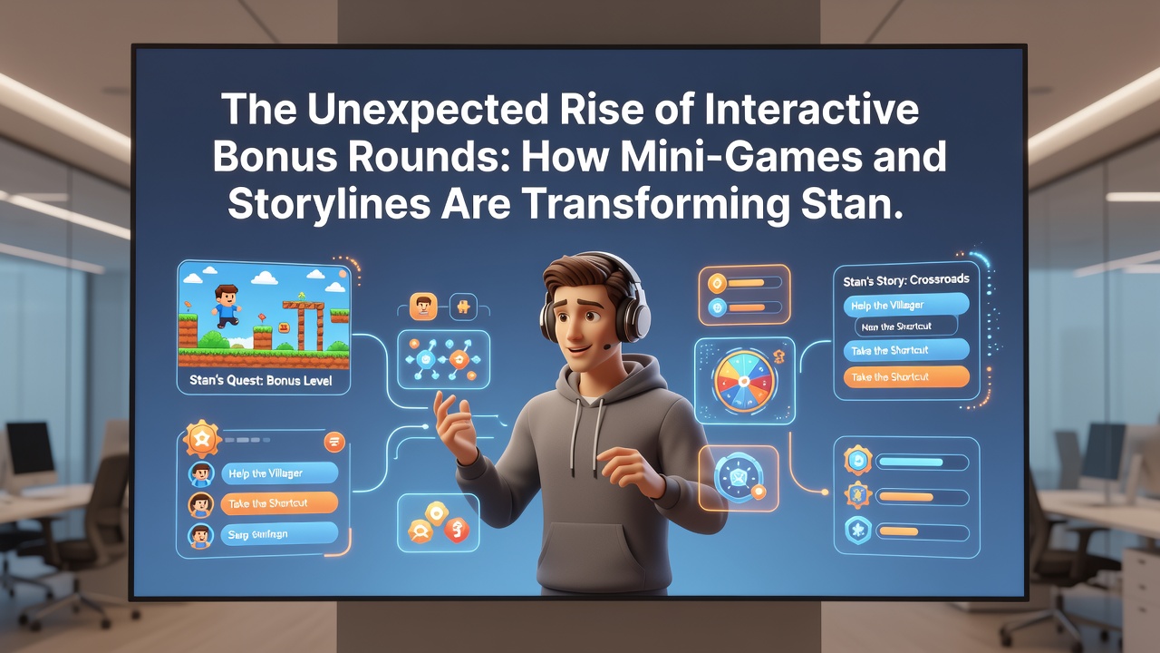 Player engaging with a storyline-driven slot bonus featuring animated characters and decision points