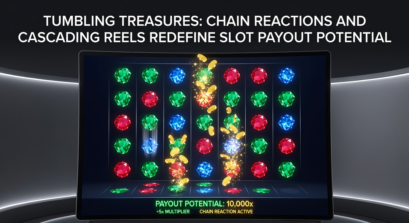 Vibrant slot reels cascading with winning symbols exploding into chain reactions, illustrating tumbling mechanics in action
