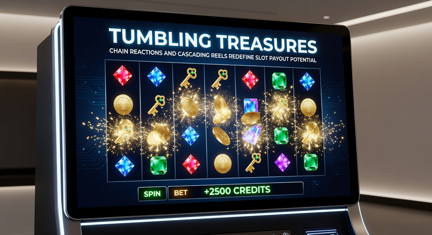 Close-up of a slot screen showing multiple cascading wins with multipliers climbing, symbols tumbling in a chain reaction sequence