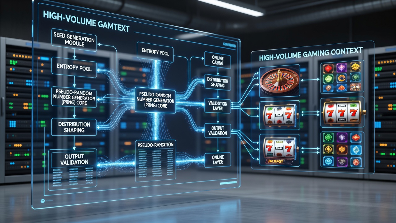 Flowchart showing how entropy sources feed into certified RNG pipelines for casino software