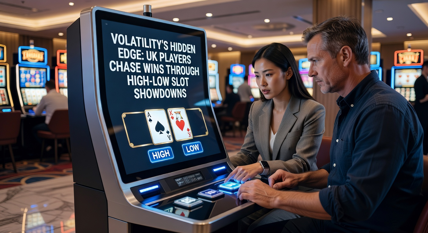 Vibrant slot machine screens displaying high-volatility jackpots alongside low-volatility steady payouts, illustrating the showdown dynamic popular among UK players