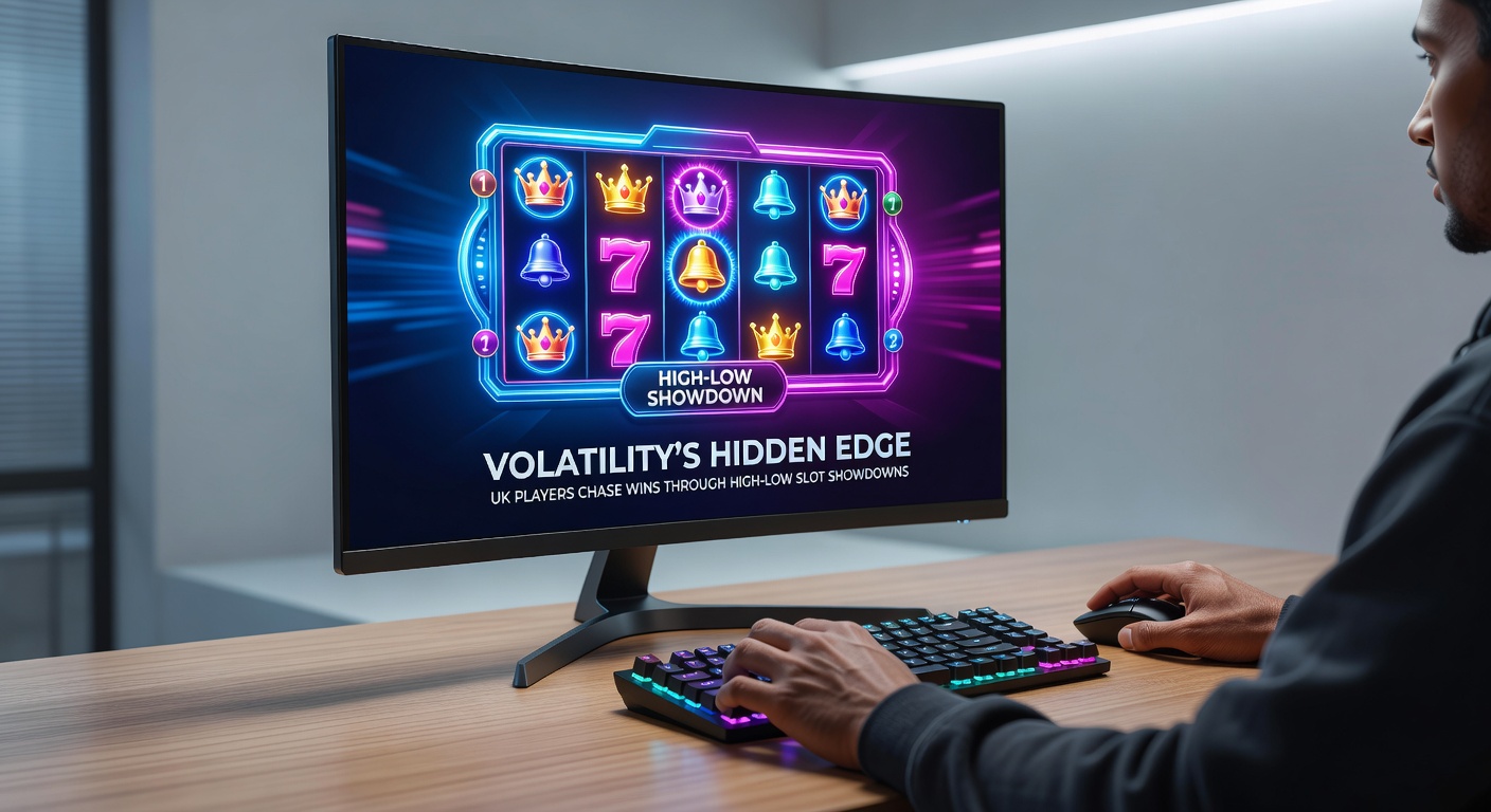 UK player interface split-screen: low-volatility steady spins on one side, high-volatility jackpot buildup on the other, capturing the essence of strategic showdowns